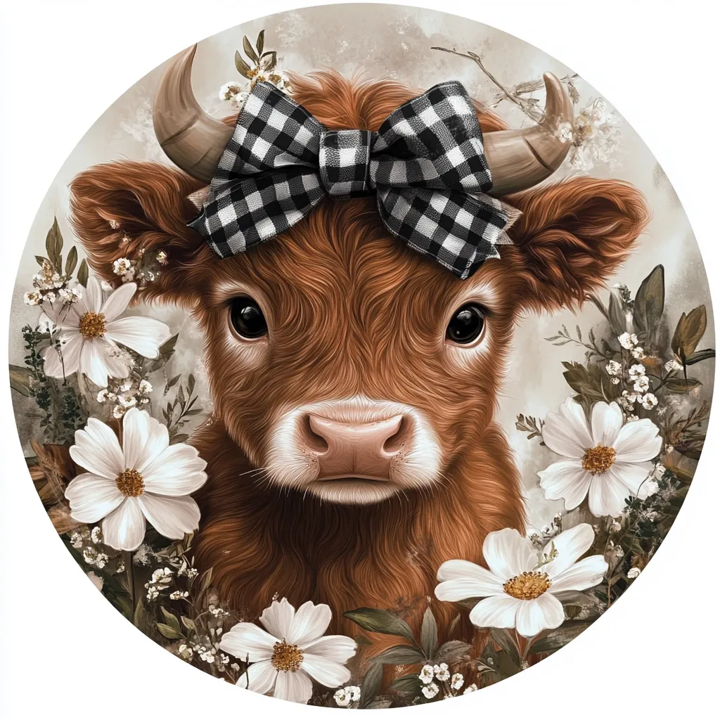 Here's a description of the image:

The image is a circular artwork depicting a young, brown calf framed by white daisies and muted green foliage. The calf's fur is richly textured, and its expression is gentle and curious. A black and white gingham bow adorns its head. The overall style is whimsical and slightly rustic, with soft lighting and a muted color palette enhancing the charming portrayal of the animal. The background is a subtle, neutral tone that draws focus to the calf and the flowers.