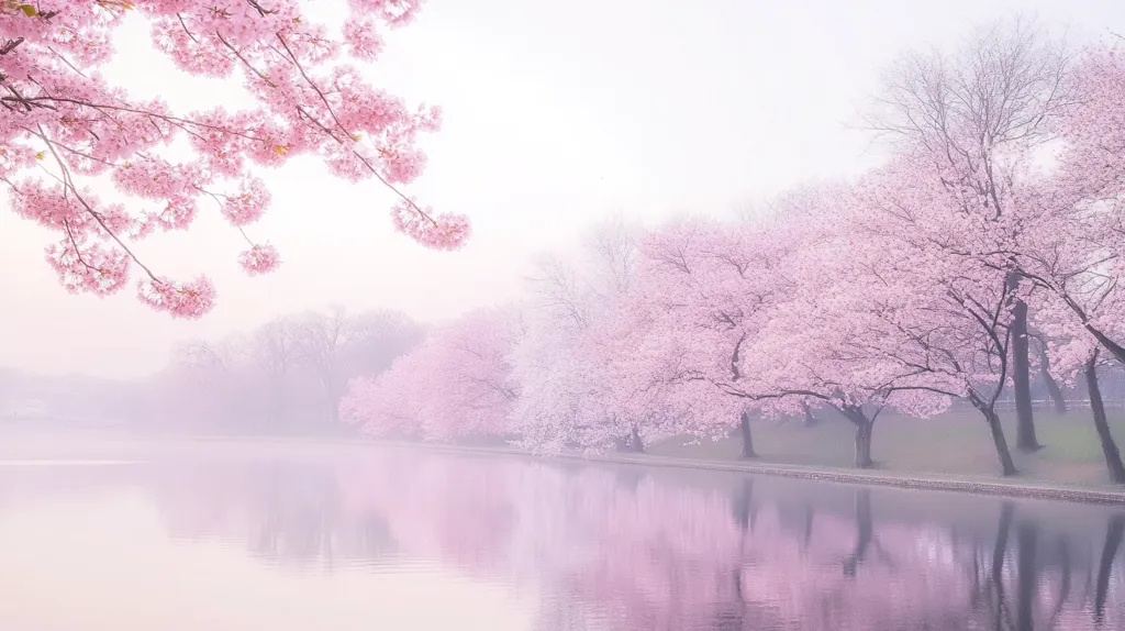 A serene landscape unfolds, showcasing a tranquil body of water reflecting a line of cherry blossom trees in full bloom.  A soft, pink mist hangs in the air, creating a dreamlike atmosphere. The blossoms are a delicate pink, their reflection mirrored perfectly in the still water.  Overhanging branches, also in bloom, frame the scene from the upper left, enhancing the overall ethereal beauty. The background shows a muted, hazy landscape, enhancing the focus on the stunning floral display.