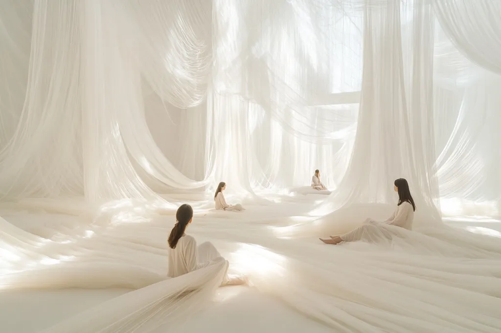 Here's a description of the image:

The photograph depicts a serene, minimalist installation featuring four women seated amidst a vast expanse of flowing white fabric.  The fabric, seemingly sheer and lightweight, creates a dreamlike, undulating landscape that fills the room.  The women are dressed in simple, light-colored clothing, blending seamlessly with their surroundings.  Natural light filters through the fabric, casting soft shadows and highlighting the ethereal quality of the scene. The overall impression is one of peace, tranquility, and artistic contemplation.