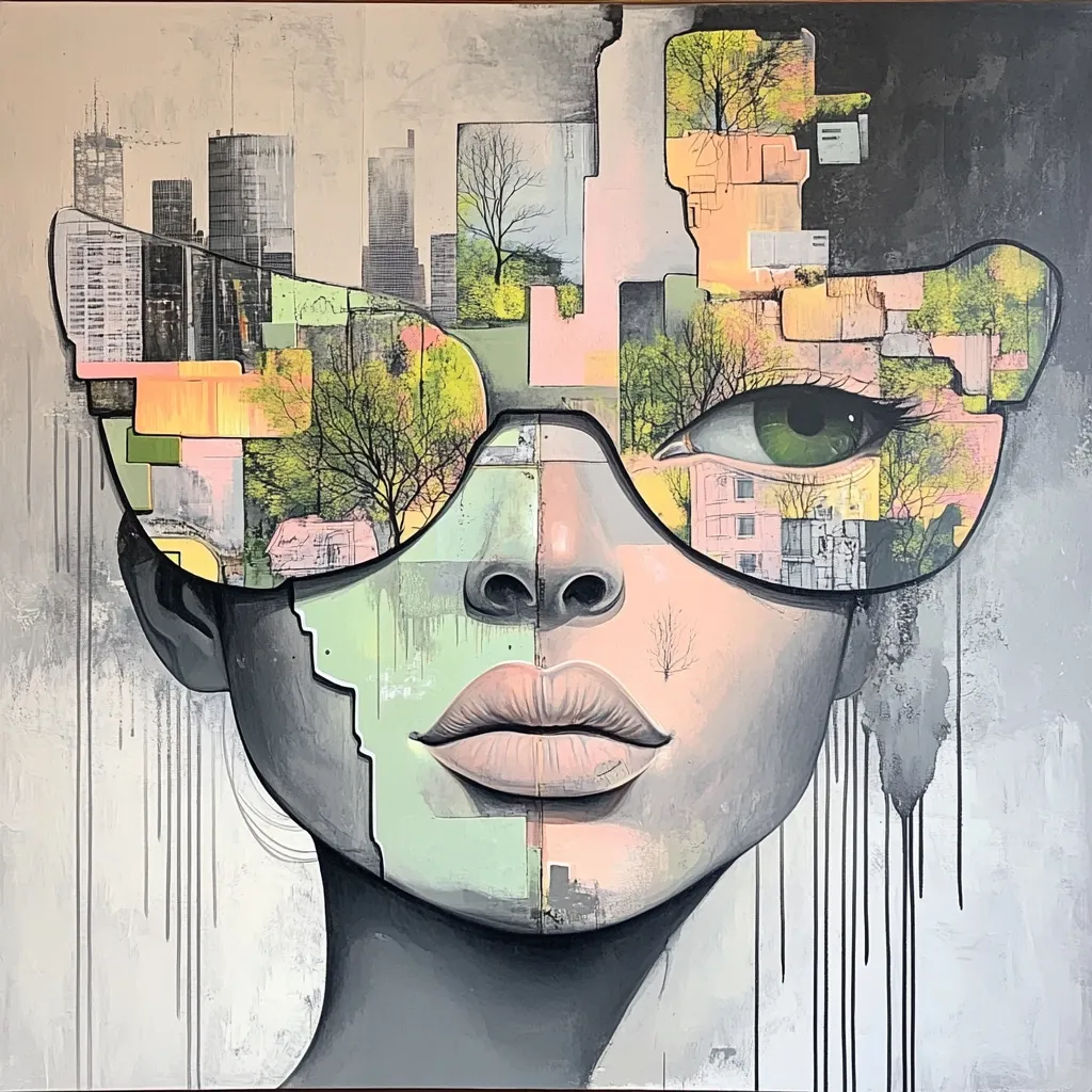 Here's a description of the image:

The artwork is a stylized portrait of a woman's face, partially obscured by large, angular sunglasses. The lenses are fragmented, showcasing a cityscape on one side and a park-like landscape on the other. The woman's face is rendered in muted pastel tones, contrasting with the darker, more textured background. The style blends realism with cubism and hints of graffiti art, with dripped paint adding a sense of movement and urban texture. The overall effect is a complex and intriguing image, blending natural and man-made elements. The composition is striking, emphasizing the juxtaposition of nature and urban life.
