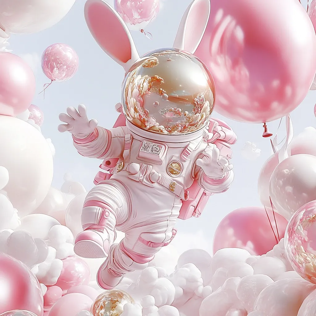 A whimsical 3D rendering depicts a pink bunny astronaut floating amidst a cluster of pastel pink and white balloons and clouds. The astronaut, wearing a helmet reflecting a dreamy landscape, is dressed in a light pink and white spacesuit.  Its bunny ears peek out from the helmet, adding to the fantastical scene. The overall aesthetic is light, airy, and dreamy, evoking a sense of childlike wonder.