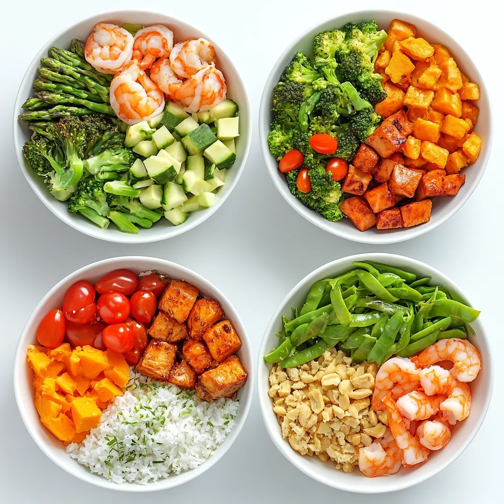 Four vibrant and healthy bowls are arranged on a white background. Each bowl features a unique combination of colorful ingredients.  One includes shrimp, asparagus, broccoli, and cucumber. Another showcases roasted sweet potatoes, broccoli, and seasoned tofu.  A third bowl contains cherry tomatoes, sweet potato, tofu, and rice. The final bowl features snow peas, peanuts, and shrimp.  The bowls offer a variety of textures and flavors, suggesting a delicious and nutritious meal.