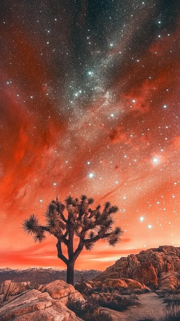 A solitary Joshua tree stands silhouetted against a vibrant, orange-hued night sky.  The Milky Way stretches across the heavens, a glittering river of stars against the reddish backdrop.  Rugged, rocky terrain surrounds the tree, suggesting a desert landscape.  The overall effect is one of dramatic beauty and serene isolation under a breathtaking celestial display.