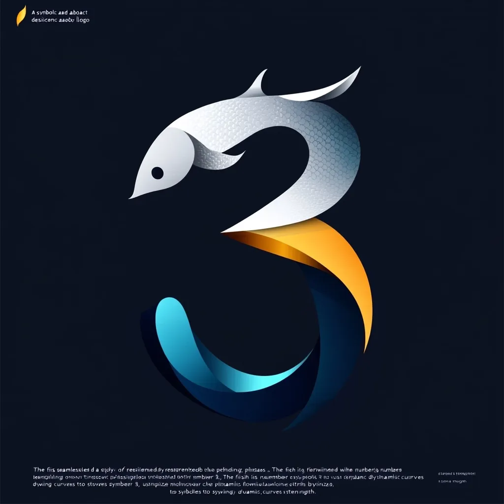 Here's a description of the image in under 100 words:

The image is a stylized logo design depicting the number 3 formed by a silver fish-like shape. The fish's body gracefully curves to create the number's form. A section of its tail transitions into a golden yellow, which flows into a teal blue wave-like element completing the numeral. The design is sleek and modern, using smooth gradients and subtle textures.  The overall effect is one of dynamism and fluidity.