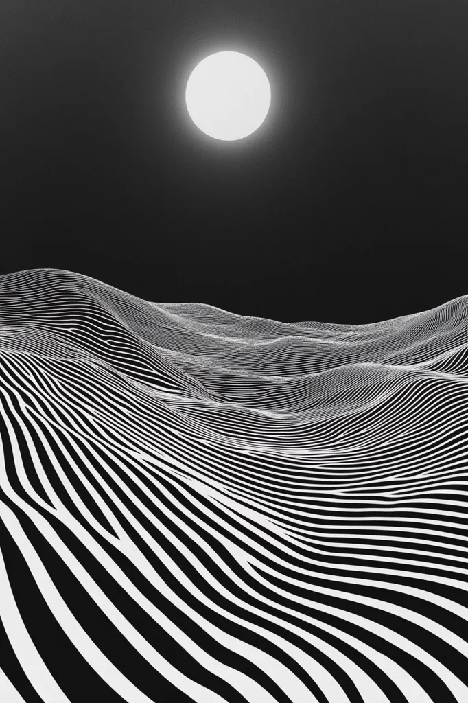 The image presents a minimalist, abstract landscape under a large, bright moon.  The landscape is depicted with a striking pattern of black and white parallel stripes, creating an undulating, wave-like effect that suggests rolling hills or sand dunes. The monochrome palette and stark contrast between black and white heighten the surreal and almost hypnotic quality of the scene. The moon acts as a strong focal point against the dark background, adding to the image's dramatic mood.