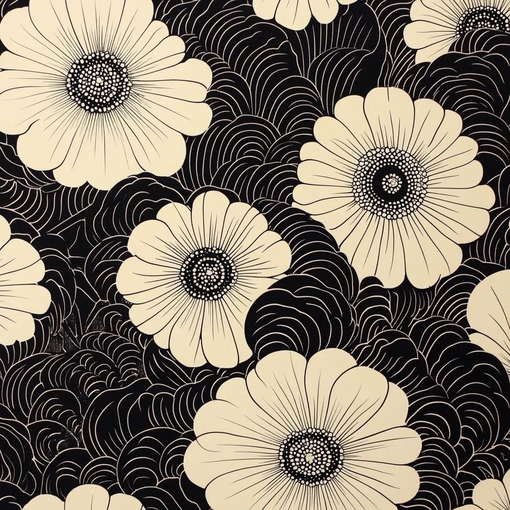 Here's a description of the image:

The image shows a stylized floral pattern in a black and cream color scheme. Large, prominent cream-colored flowers with intricate, dotted centers are set against a background of swirling, dark-colored lines that resemble waves or stylized foliage.  The flowers are rendered in a graphic, almost Art Deco style, with clean lines and bold contrasts. The overall effect is one of sophisticated elegance and graphic design.