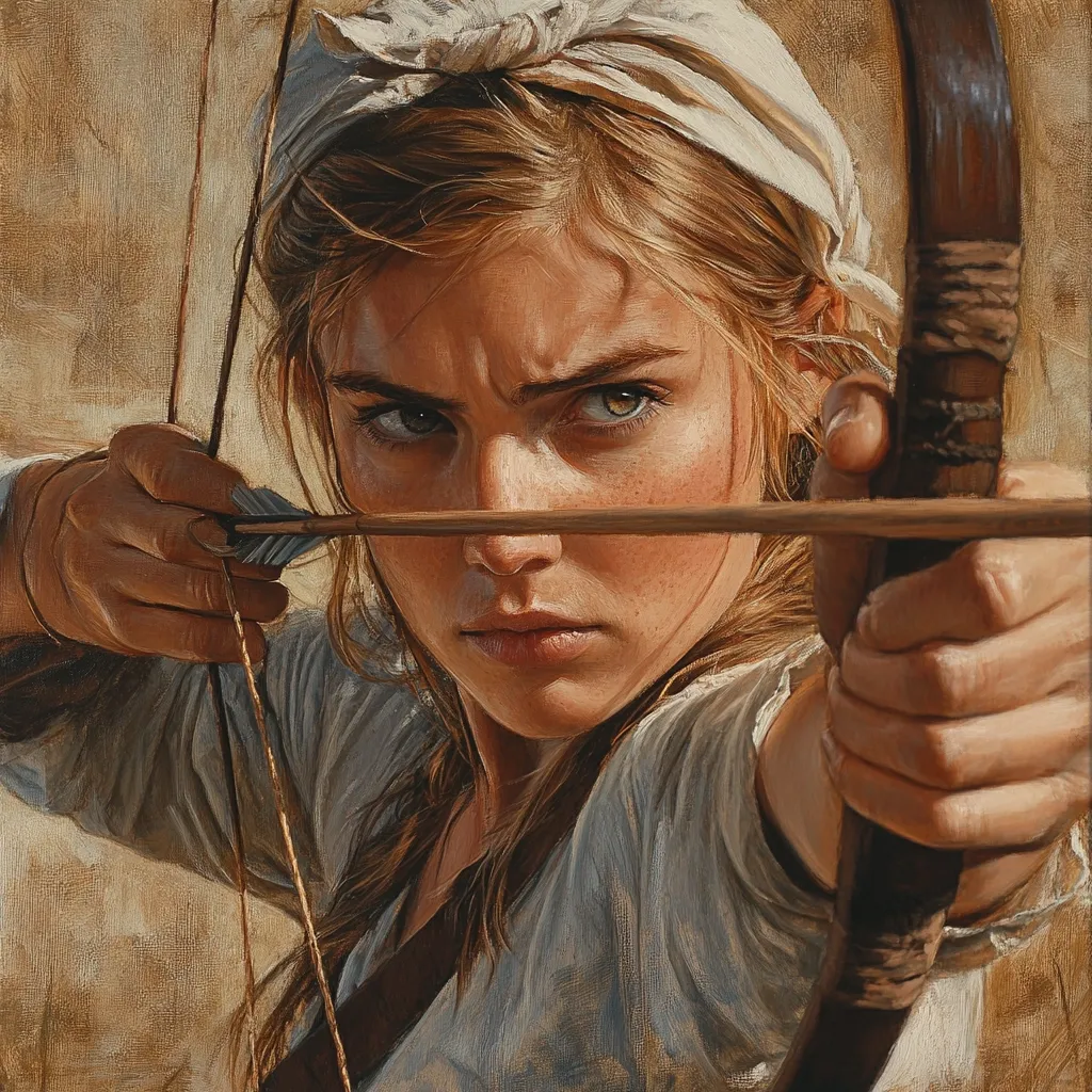 A close-up painting depicts a young woman with fair skin and long, light brown hair, intensely focused as she aims a longbow.  Her expression is serious, almost fierce, her brow furrowed in concentration.  She wears a simple, light-colored peasant-style dress and a white headscarf. The warm, earthy tones of the background and the realistic detail of her features and the bow create a dramatic and powerful image.  The style suggests a classical or Renaissance painting technique.