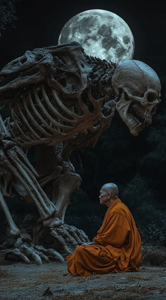 A serene Buddhist monk, clad in saffron robes, meditates before a colossal skeletal structure under a full moon. The massive skeleton, possibly a dinosaur, dominates the foreground, its imposing size emphasizing the monk's smallness. The dark, nocturnal setting enhances the image's mystical and contemplative atmosphere, suggesting themes of mortality, peace, and the insignificance of man compared to the vastness of nature and time.  The scene is dramatically lit, highlighting the contrast between the living and the deceased.