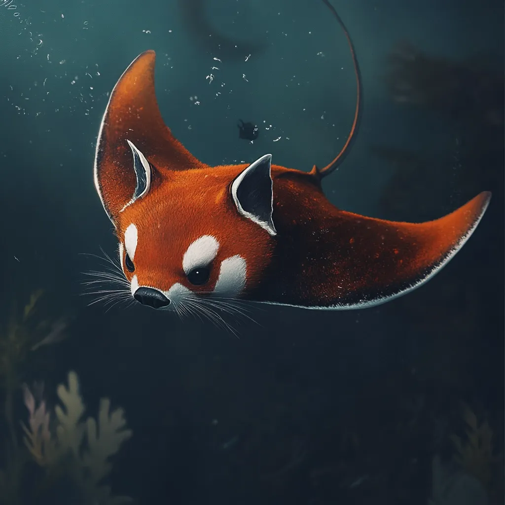 Here's a description of the image:

The illustration depicts a fantastical creature, a hybrid of a red panda and a manta ray. Its body is that of a red panda, with the characteristic rich red fur, white markings on its face, and bushy tail. However, it possesses the large, wing-like pectoral fins of a manta ray, allowing it to gracefully glide through a dark, underwater environment.  The water is subtly textured, suggesting depth and movement, with hints of aquatic plants in the background. The overall tone is dark and mysterious, emphasizing the unique and somewhat otherworldly nature of the hybrid creature.