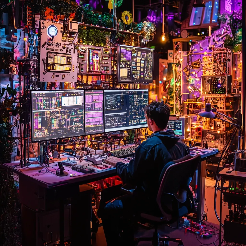 A person sits at a large desk surrounded by a complex array of computer monitors displaying intricate data streams.  The desk is cluttered with equipment, and the background is filled with a whimsical, steampunk-inspired room of glowing lights and intricate machinery, interspersed with plants. The overall aesthetic is vibrant and futuristic, hinting at a technological marvel or creative workspace.  The scene is lit with a blend of warm and cool tones creating a striking visual effect.