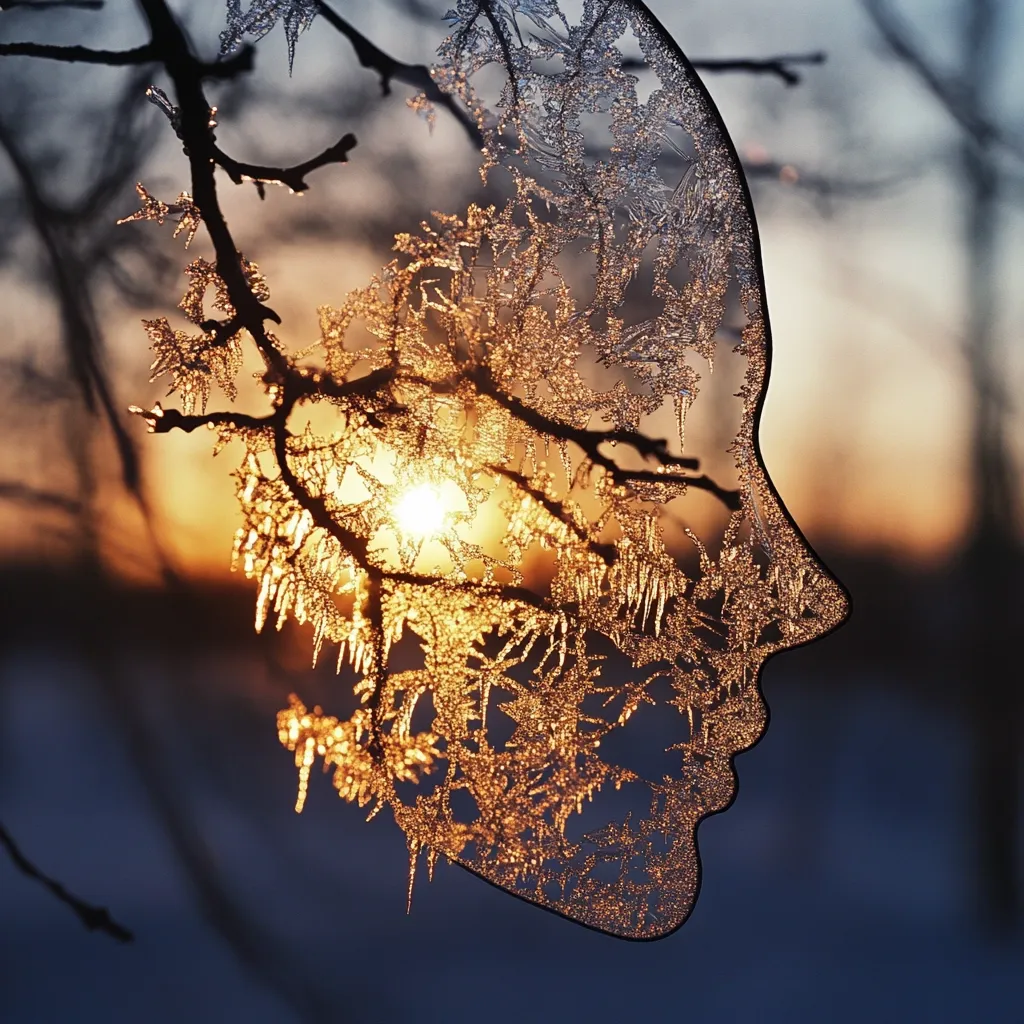 Here's a description of the image:

The photograph showcases a silhouette of a woman's face, seemingly crafted from a thin, frost-covered branch.  The intricate ice crystals clinging to the branch create a delicate, almost lace-like texture, illuminating the profile in a warm, golden light from a setting sun behind it. The background is softly blurred, focusing attention on the detailed frozen artwork and suggesting a serene winter landscape. The overall effect is ethereal and artistic, blending nature and art in a visually stunning composition.