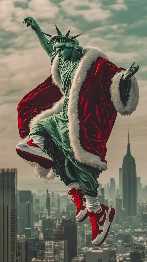 Here's a description of the image:

The image depicts a stylized rendering of the Statue of Liberty, dramatically clad in a red Santa Claus suit complete with white fur trim.  She's airborne, seemingly leaping or dancing, above a sprawling cityscape reminiscent of New York, with the Empire State Building visible in the background.  The Statue wears vibrant red and white Air Jordan high-top sneakers, adding a modern, unexpected contrast to the classic imagery. The overall mood is playful yet powerful, a whimsical blend of iconic American symbolism and contemporary street style.