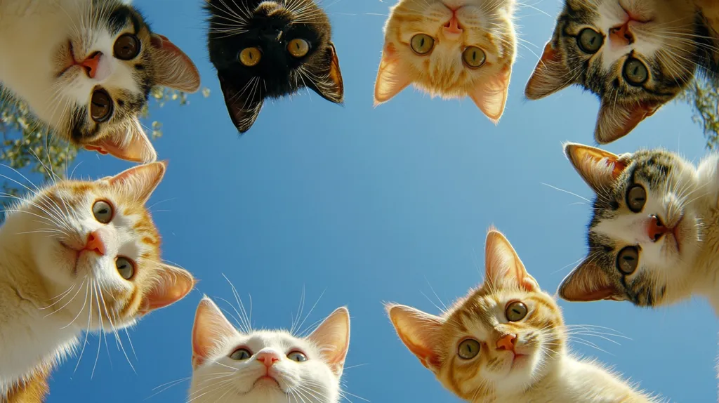 Eight adorable cats form a circle, their faces pointed upwards towards a clear blue sky.  The cats display a variety of colors and patterns, including tabby, ginger, calico, and black.  The low-angle perspective creates a playful and humorous effect, as if the viewer is looking up at them from the ground. Their expressions range from curious to slightly surprised, adding to the image's charm.