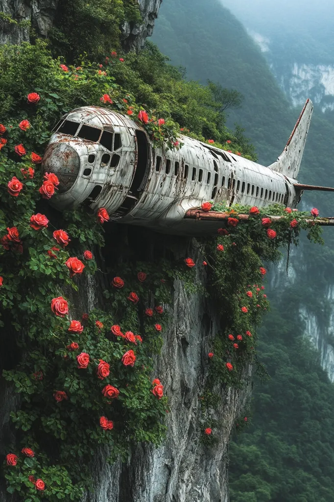 Here is a description of the image:

The image depicts a weathered, rusting airplane fuselage embedded in a steep, rocky cliffside.  Lush green vegetation, including vibrant red roses, abundantly covers the aircraft and cascades down the cliff face. The background reveals a misty, mountainous landscape, creating a dramatic contrast between the decaying airplane and the thriving natural world. The scene is surreal and evocative, suggesting a sense of time and decay juxtaposed with the beauty of nature reclaiming a man-made object.