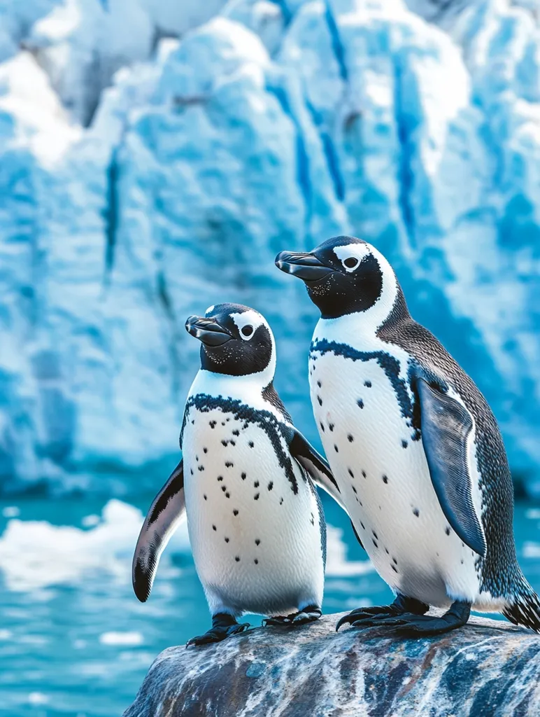 Two Magellanic penguins stand on a rock against a backdrop of a stunning blue glacier and turquoise water.  The penguins, predominantly white with black markings on their backs and heads, are sharply in focus, contrasting beautifully with the soft-focus icy landscape. One penguin is slightly larger than the other, and both appear alert and watchful. The overall scene evokes a sense of the pristine beauty of a polar environment.