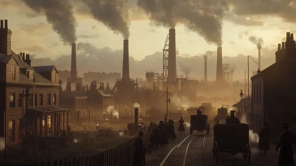 Here's a description of the image:

The image depicts a 19th-century industrial cityscape at sunset.  Tall factory chimneys belch dark smoke into a hazy, golden sky, casting a somber yet atmospheric glow over the scene. Brick buildings line a cobblestone street, where horse-drawn carriages and pedestrians move along a tramway.  The overall mood is one of industrial grit and a sense of time passing, with the silhouettes of people and vehicles adding to the dramatic effect. The scene suggests a bustling yet possibly polluted environment.