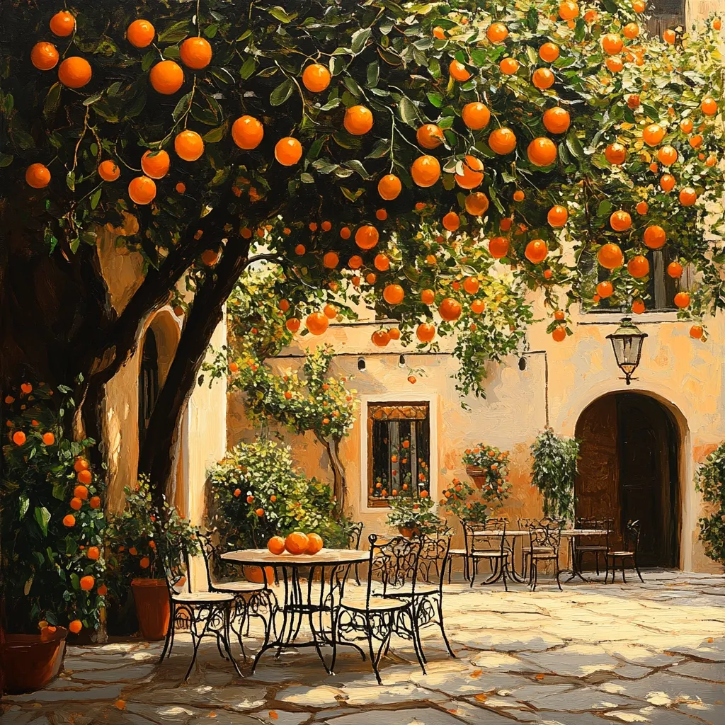 A sun-drenched courtyard scene is depicted, dominated by a large orange tree laden with ripe fruit, its branches arching over a stone patio.  A wrought-iron patio set sits beneath the tree, suggesting a tranquil outdoor café.  The surrounding architecture is a warm, ochre-toned building with potted plants adding to the Mediterranean ambiance.  The overall impression is one of idyllic peace and abundance.
