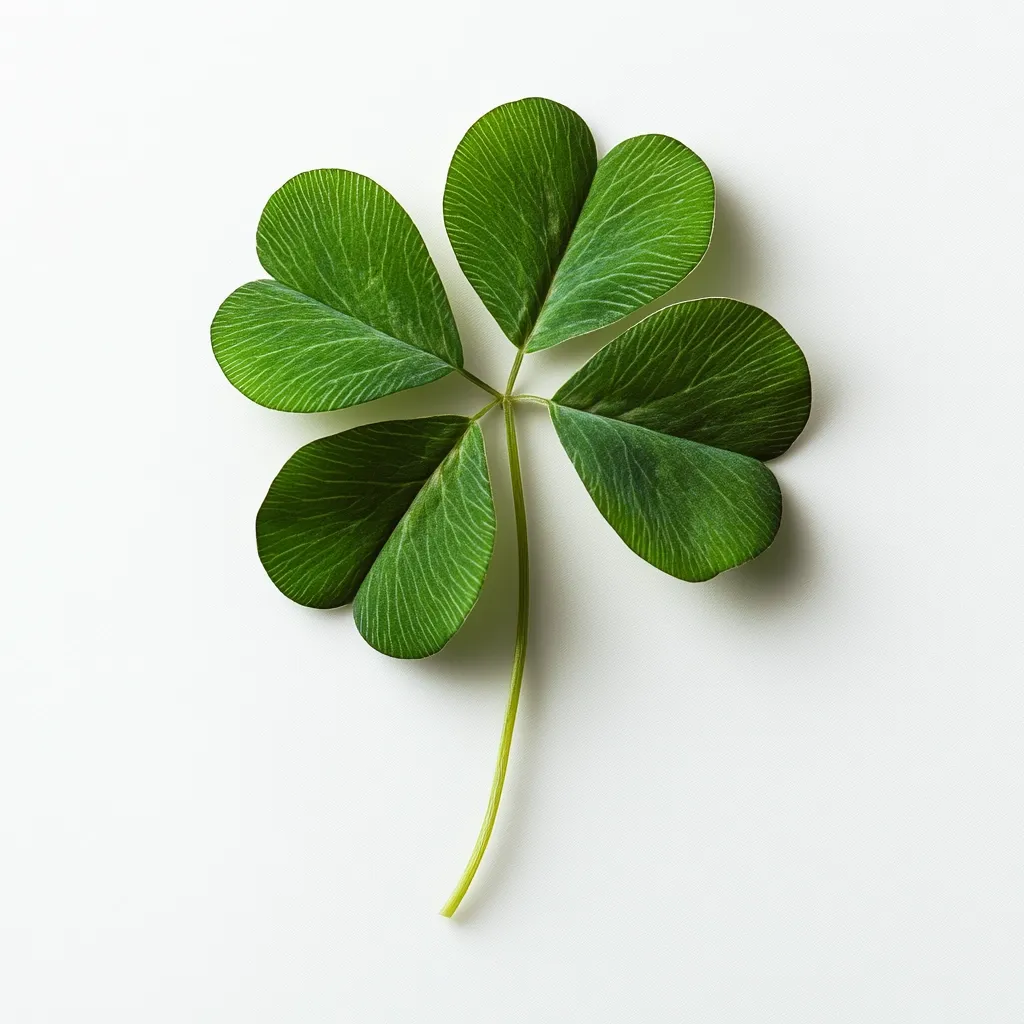 Here's a description of the image:

A vibrant green four-leaf clover is the focal point, sharply contrasted against a stark white background.  The clover's leaves are detailed, showcasing intricate vein patterns. The stem extends gracefully downwards, creating a simple yet elegant composition. The overall impression is one of luck and good fortune, often associated with the symbolism of the four-leaf clover.  The image is clean, minimalist, and highly focused on the clover itself.