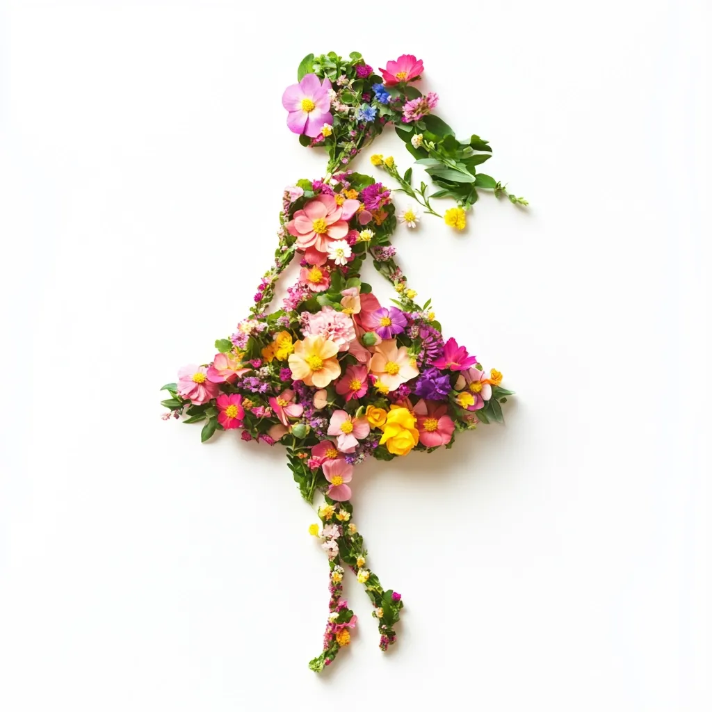 Here's a description of the image:

The image showcases a whimsical floral arrangement depicting a woman in a dress.  Various colorful flowers, including pinks, purples, yellows, and oranges, are artfully placed to form the outline of a woman's figure. Her dress is full and flowing, created with a dense cluster of blooms.  Delicate greenery adds to the overall effect.  The background is plain white, emphasizing the vibrant floral design.  The overall aesthetic is delicate, feminine, and artistic.