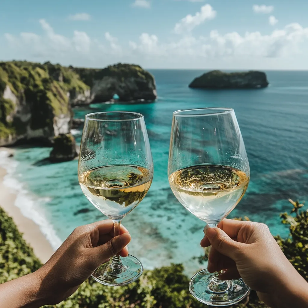 Two hands hold glasses of white wine, their contents shimmering in the sunlight.  The breathtaking backdrop is a tropical beach scene: turquoise water laps a sandy shore, nestled between lush green cliffs and a small island in the distance. The idyllic setting creates a romantic and tranquil atmosphere, perfect for a celebratory toast.