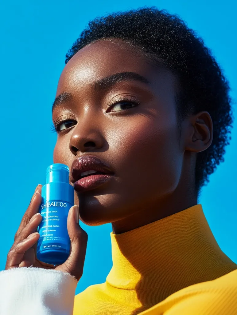 Close-up of a young Black woman with short, dark hair against a vibrant blue background.  She's wearing a mustard yellow turtleneck sweater and holding a bottle of Shialeo skincare product.  The sunlight accentuates her glowing skin and the image has a clean, modern aesthetic, likely for a beauty advertisement.  Her expression is serene and confident.