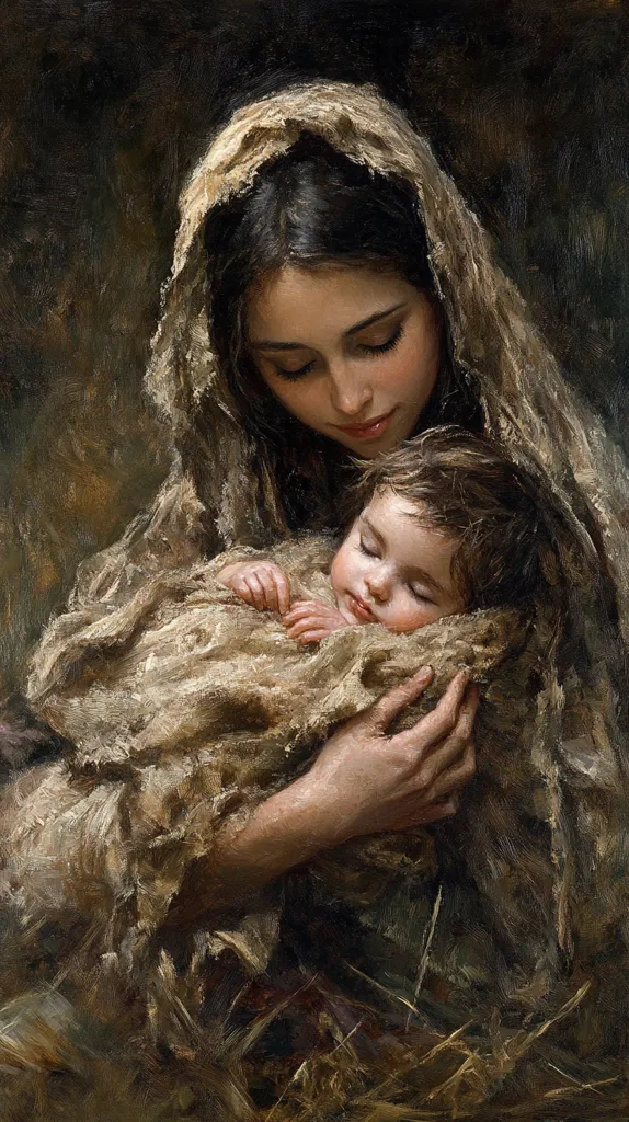 A painting depicts a young woman, cloaked in a beige veil, tenderly cradling a sleeping infant wrapped in similar fabric.  The woman's face is soft and loving, her eyes gently closed as she gazes down at the child.  The painting style is expressive, employing rich, earthy tones and visible brushstrokes, creating a sense of warmth and intimacy. The dark background focuses attention on the central figures, emphasizing the mother's devotion. The overall impression is one of quiet peace and maternal love.