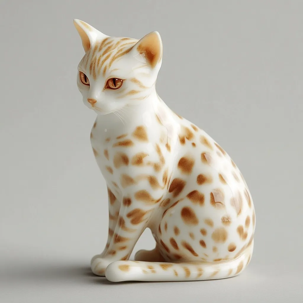 Here's a description of the image:

The image shows a meticulously crafted porcelain figurine of a cat. The cat is depicted in a seated position, its body predominantly white with a distinctive pattern of brown spots reminiscent of a Bengal cat. The figurine's detailing is remarkable; the fur texture, the subtle shading, and the lifelike amber eyes are all rendered with precision.  The overall style is elegant and refined, suggesting a high-quality, possibly collectible, piece. The background is a simple, neutral gray, allowing the figurine to be the focal point.