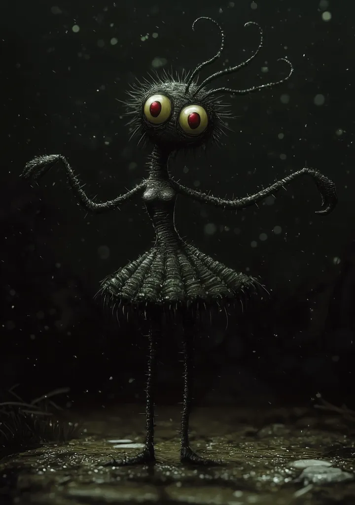 A dark, whimsical creature, resembling a ballerina, stands in a dimly lit, possibly rainy environment. Its body is textured and spiky, with large, expressive, red eyes.  Long, spindly limbs support a tutu-like garment, also textured and dark.  The creature appears both endearing and slightly unsettling, its expression hinting at a melancholic charm against the atmospheric backdrop.  Small particles drift through the air, adding to the mysterious mood.