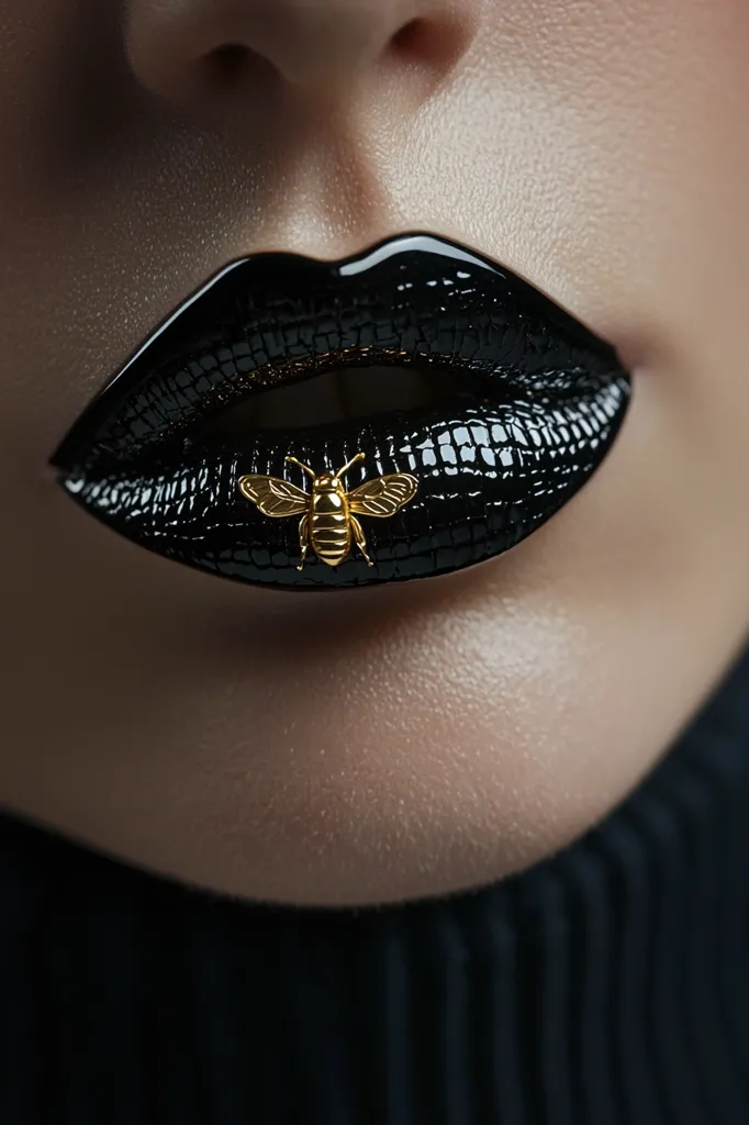 Close-up of a woman's lips adorned with black lipstick that mimics a reptile skin texture.  A gold bee is delicately placed at the center of her lower lip. The woman's complexion is smooth and even, contrasting beautifully with the dark lipstick.  She is wearing a dark turtleneck. The overall image is one of sophisticated and dramatic beauty.