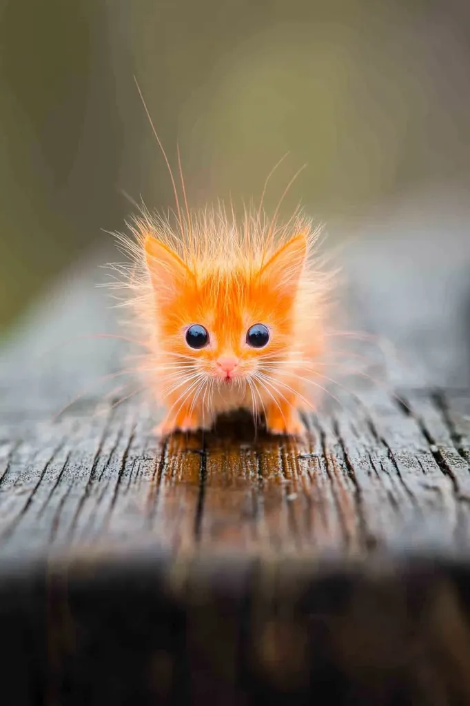An adorable orange kitten, its fur appearing incredibly fluffy and slightly disheveled, sits on a weathered wooden surface.  Its large, round eyes stare directly at the camera, conveying a sense of curiosity and innocence. The kitten's tiny body is emphasized by the contrast against the dark, textured wood.  The background is blurred, drawing focus entirely to the captivating feline.