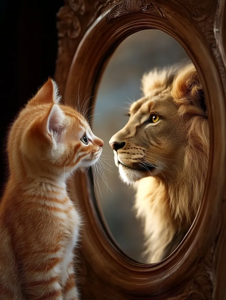 A ginger kitten stands before an ornate oval mirror.  Reflected within is the majestic face of a lion, its golden mane illuminated. The juxtaposition of the small, vulnerable kitten and the powerful lion creates a striking contrast.  The image evokes themes of potential, inner strength, and the hidden power within seemingly delicate creatures. The dark background emphasizes the mirror and the two animals.