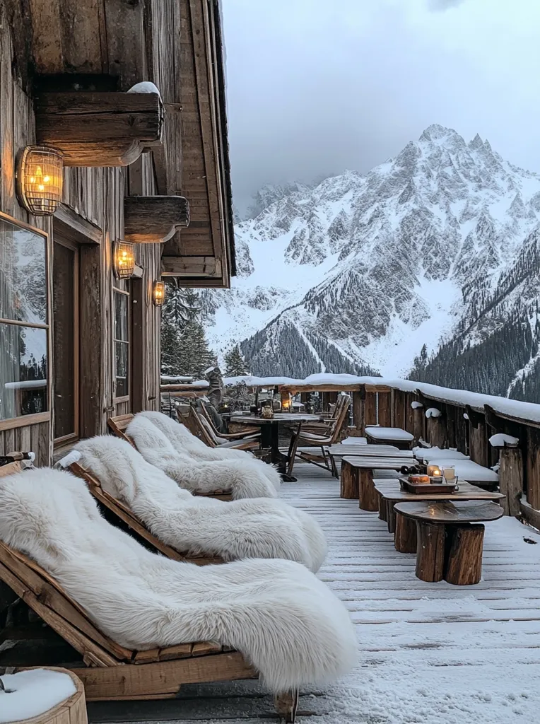 Here's a description of the image:

A snow-covered wooden deck, attached to a rustic log cabin, overlooks a breathtaking panorama of snow-capped mountains.  Three wooden lounge chairs, draped in thick, fluffy white fur throws, invite relaxation. A rustic wooden table and chairs are set for drinks, adding to the cozy ambiance.  Warm light from wall sconces on the cabin illuminates the scene, contrasting with the cold, wintry landscape.  The overall impression is one of serene, luxurious comfort in a stunning, remote mountain setting.