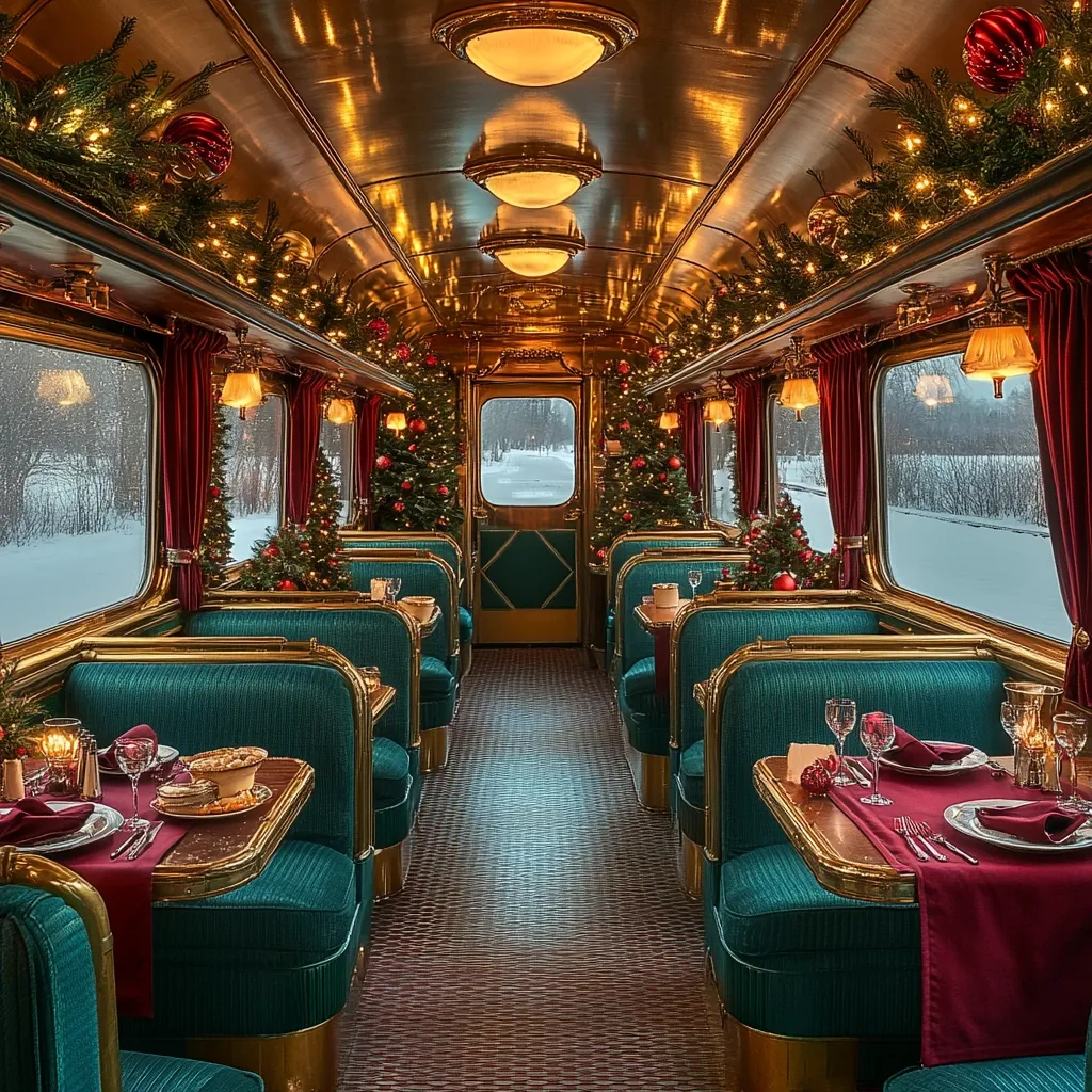 Here's a description of the image:

The photograph showcases the opulent interior of a festively decorated train car.  Teal velvet booths line either side of a carpeted aisle, each booth featuring a small, elegantly set table for two.  Christmas trees and garlands adorned with lights and ornaments create a warm, inviting atmosphere.  The train's brass fixtures and rich wood paneling enhance the luxurious ambiance.  Large windows reveal a snowy winter landscape outside.  The overall scene evokes a feeling of classic elegance and holiday cheer.
