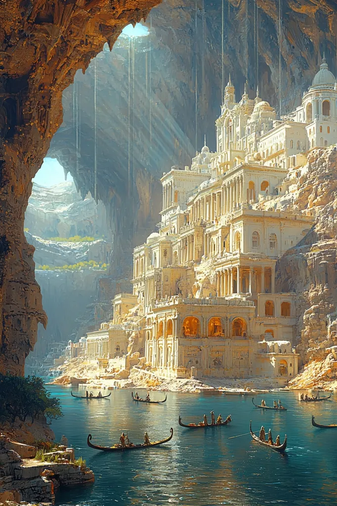 Here's a description of the image:

The artwork depicts a breathtaking, fantastical city nestled within a cavernous cliff face.  A large, ornate palace, reminiscent of classical architecture, dominates the scene, its pale stone gleaming in the sunlight filtering through the cave's opening.  Numerous smaller buildings cascade down the cliffside towards a calm, teal-colored body of water. Several longboats, carrying figures in traditional garb, navigate the water, adding a sense of movement and scale to the majestic scene. Waterfalls cascade down the cave walls, adding a mystical element to the already surreal landscape. The overall style is highly detailed and evocative, blending elements of realism and fantasy.