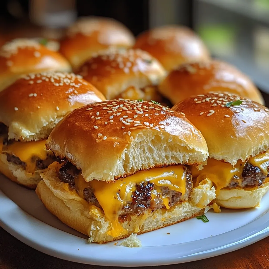A close-up shot showcases a plate of mini cheeseburgers.  The small, golden-brown buns, sprinkled with sesame seeds, are piled high with melted cheese and juicy beef patties.  Several burgers are visible, with one in the foreground partially bitten into, revealing the cheesy interior. The overall image is warm and inviting, highlighting the deliciousness of the food.  The shallow depth of field focuses attention on the burgers in the forefront.