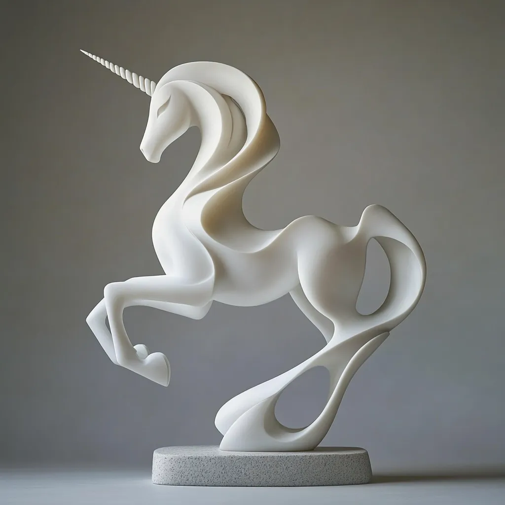 Here is a description of the image:

The image shows a sculpted white unicorn, seemingly made of marble or a similar material, dynamically posed. Its body is elegantly curved, its mane and tail flowing in stylized, abstract forms.  The unicorn's horn is long and slender, extending from its forehead.  The sculpture is mounted on a small, speckled gray base.  The overall style is modern and minimalist, emphasizing clean lines and smooth curves. The background is a neutral gray, allowing the sculpture to stand out. The lighting highlights the smooth, polished surface of the sculpture, emphasizing its form.