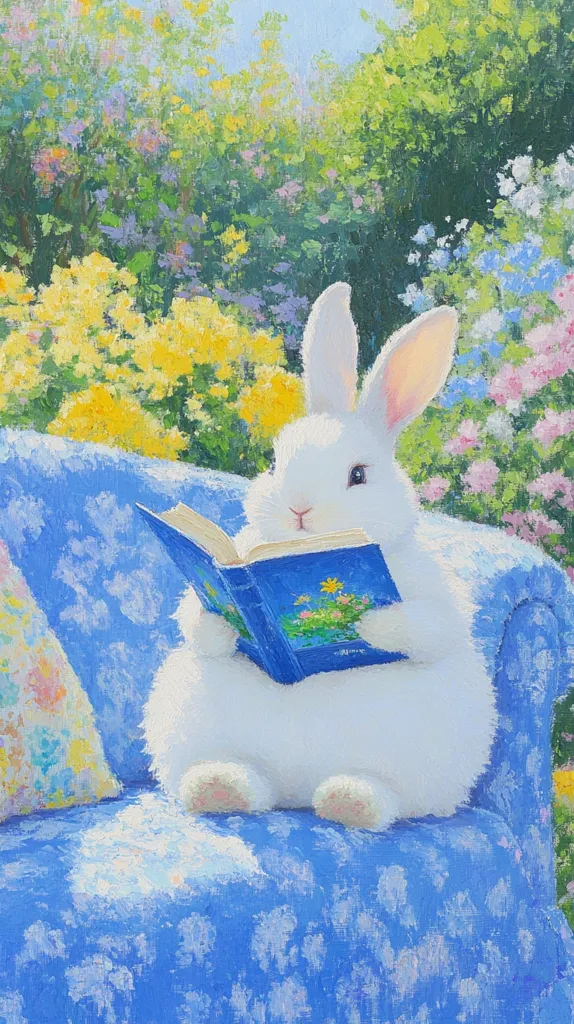 Here's a description of the image:

A charming painting depicts a fluffy white rabbit contentedly seated on a blue floral couch, engrossed in a blue book.  The rabbit holds the book with its paws, its expression serene and peaceful. The backdrop is a vibrant garden brimming with colorful flowers in shades of yellow, pink, and purple, suggesting a sunny day. The style is impressionistic, with visible brushstrokes adding texture to both the rabbit and the flowers. The overall mood is one of idyllic tranquility and gentle charm.