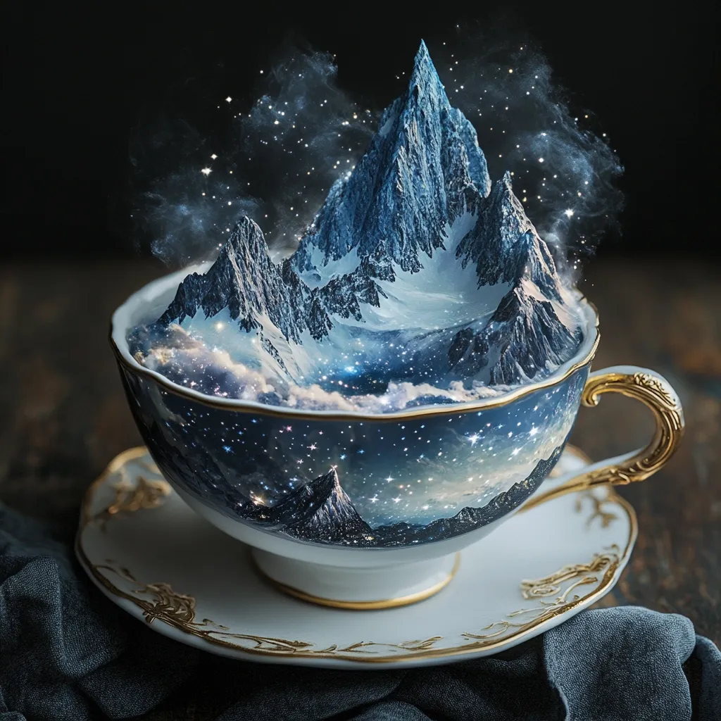 A digitally manipulated image shows a porcelain teacup filled with a miniature, snow-capped mountain range under a starry sky.  The mountains appear to float amidst swirling clouds, creating a surreal and enchanting scene. The teacup, ornate with gold detailing, rests on a matching saucer. The overall effect is dreamy and fantastical, suggesting a world of magic and wonder contained within a simple teacup.