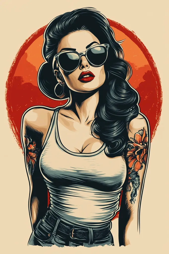 Here's a description of the image:

The illustration showcases a stylized pin-up girl with dark, wavy hair, wearing cat-eye sunglasses and a white tank top over jeans. She has prominent tattoos on her arms featuring large, stylized flowers. Her expression is confident and alluring. The backdrop features a large, textured red circle, reminiscent of a sun or rising moon, providing a dramatic contrast to the woman’s pale skin and attire. The overall style is a blend of vintage pin-up art and modern graphic design, with bold lines and rich color palettes.