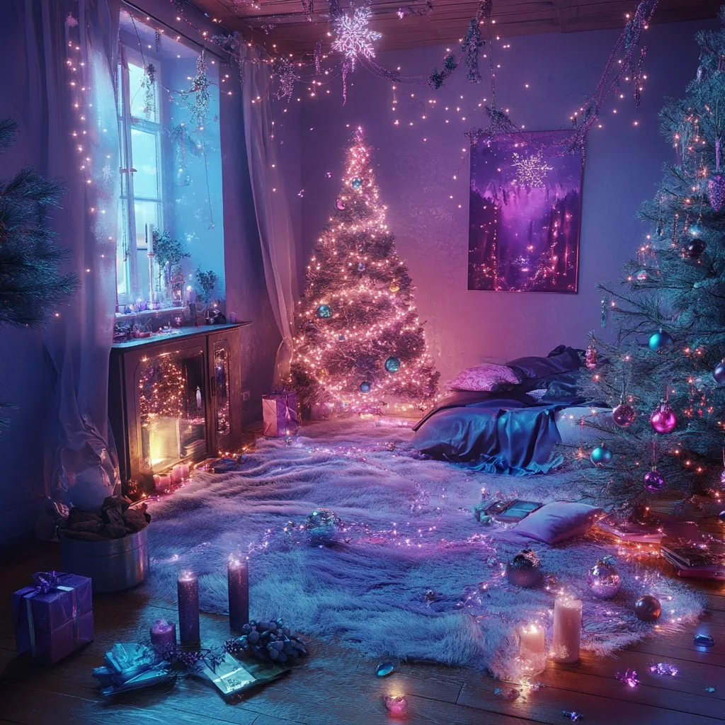 A cozy bedroom is transformed into a magical Christmas scene.  Two decorated Christmas trees flank a plush bed draped in shimmering fabric.  Purple and pink fairy lights twinkle, illuminating a fluffy, lilac-toned rug covering the floor.  Candles glow warmly near a fireplace, adding to the enchanting atmosphere.  Gifts are scattered, enhancing the festive mood of this whimsical winter wonderland. The overall aesthetic is dreamy and romantic.