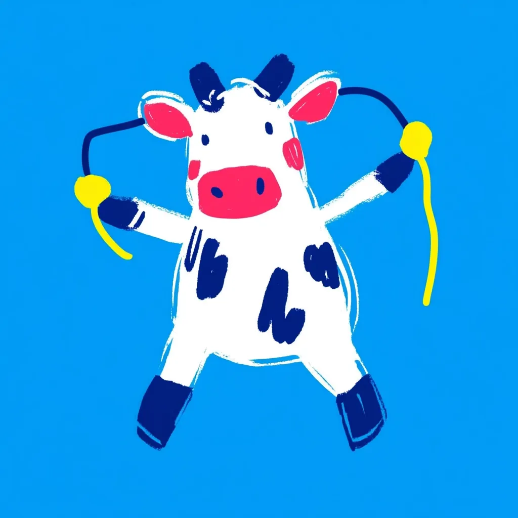 Here's a description of the image:

The illustration depicts a stylized cartoon cow joyfully jumping rope against a vibrant blue background. The cow is white with bold, dark blue patches, a bright pink nose, and dark blue hooves.  Its expression is cheerful, and the jump rope is depicted with simple yellow lines and circular yellow handles. The artistic style is loose and expressive, with visible brushstrokes giving it a playful, hand-drawn feel. The overall mood is energetic and fun.
