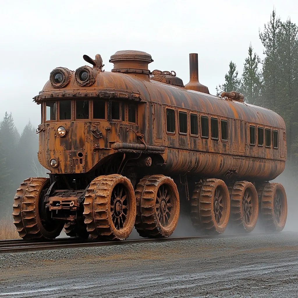 A heavily rusted, colossal train, seemingly repurposed for off-road travel, chugs along a railway track.  Its large, mud-caked wheels suggest all-terrain capabilities.  The train's body is elongated, resembling a bus, with numerous windows along its side.  The overall aesthetic is post-apocalyptic, with a mix of industrial design and weathered decay. The locomotive's front features unique, round headlights, adding to its distinctive character. The misty background enhances the atmospheric, somewhat melancholic feel of the image.