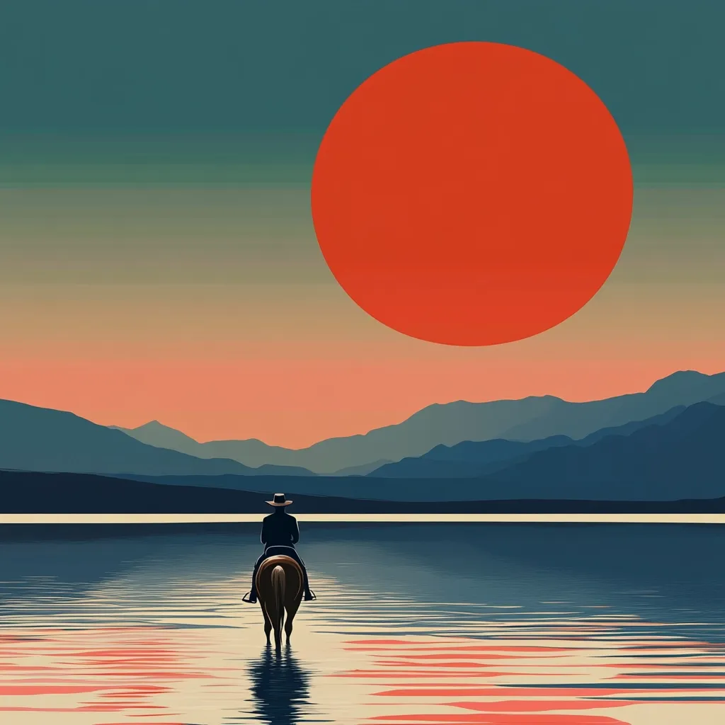 A lone cowboy on horseback rides into a calm lake at sunset.  The setting sun is a large, vibrant orange circle dominating the sky, casting warm hues across the tranquil water.  Silhouetted mountains form a dark, serene backdrop. The minimalist style emphasizes the vastness of the landscape and the solitary figure, creating a mood of quiet contemplation and western romance.