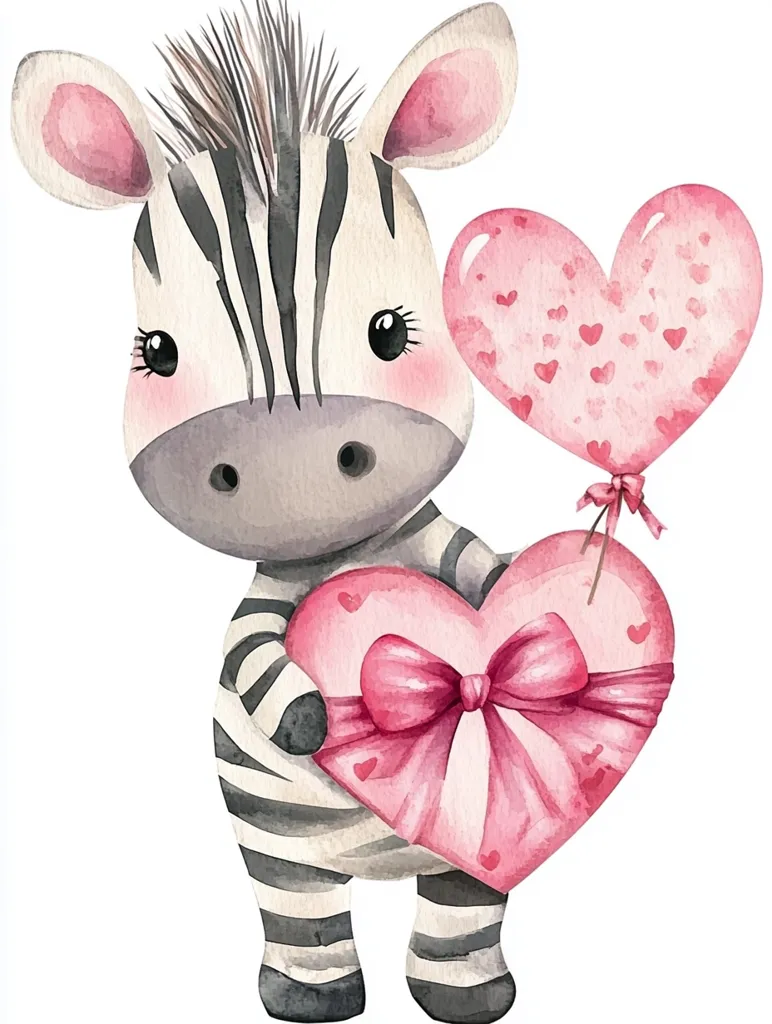Here's a description of the image:

A charming watercolor illustration depicts a cute baby zebra holding a large, pink heart-shaped gift box tied with a pink ribbon.  Another smaller, heart-shaped balloon with tiny hearts patterned on it floats above.  The zebra is rendered in soft grayscale stripes with blush pink accents on its ears and cheeks, giving it an endearing, cuddly appearance. The overall style is sweet and romantic, perfect for Valentine's Day or similar themes.