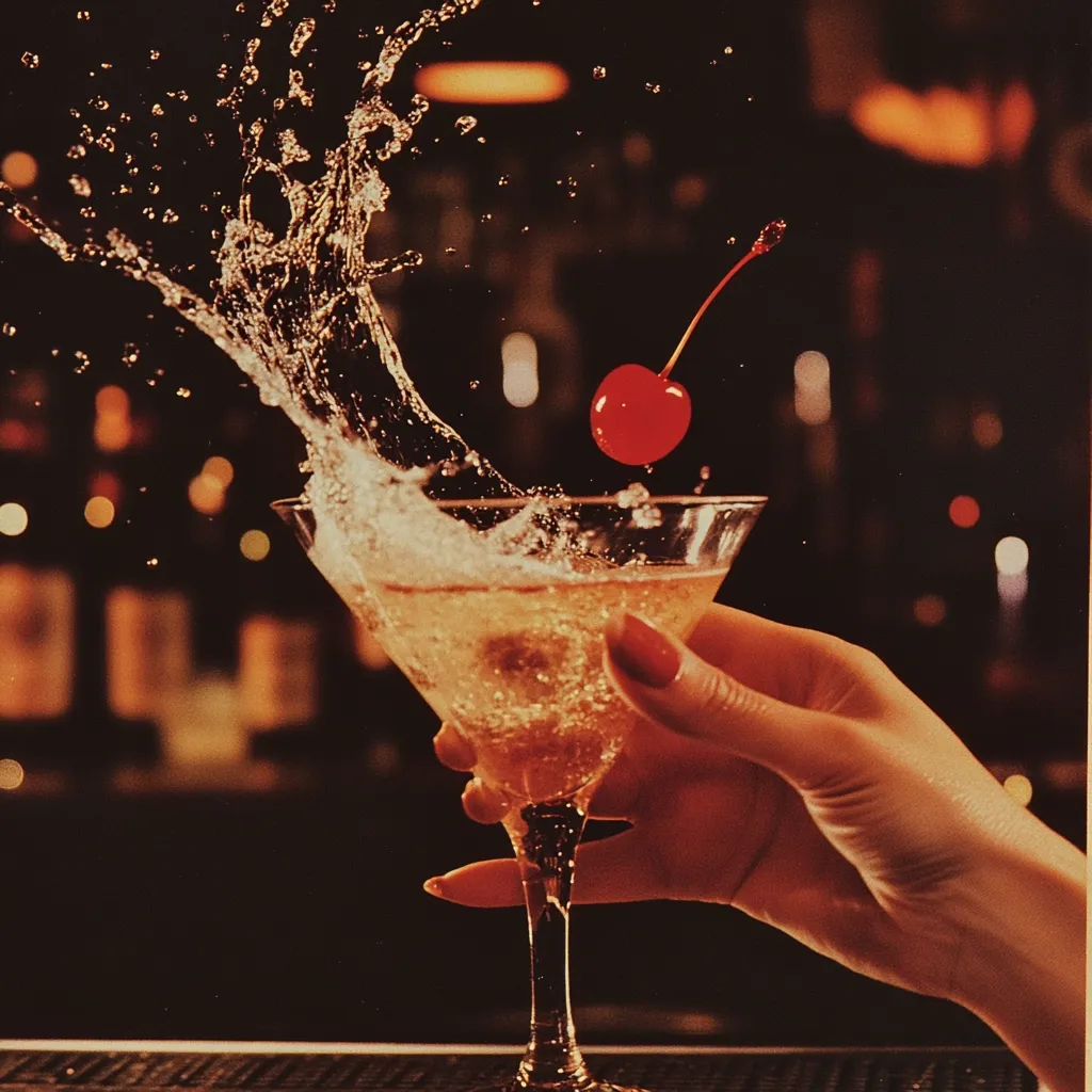 A woman's hand elegantly holds a martini glass, the golden liquid within splashing dramatically as a bright red cherry drops in.  The background is a blurred, warm-toned bar scene, suggesting a sophisticated, possibly vintage, setting.  The image captures a moment of playful luxury, the splash emphasizing the vibrancy and enjoyment of the cocktail. The overall mood is one of stylish indulgence.