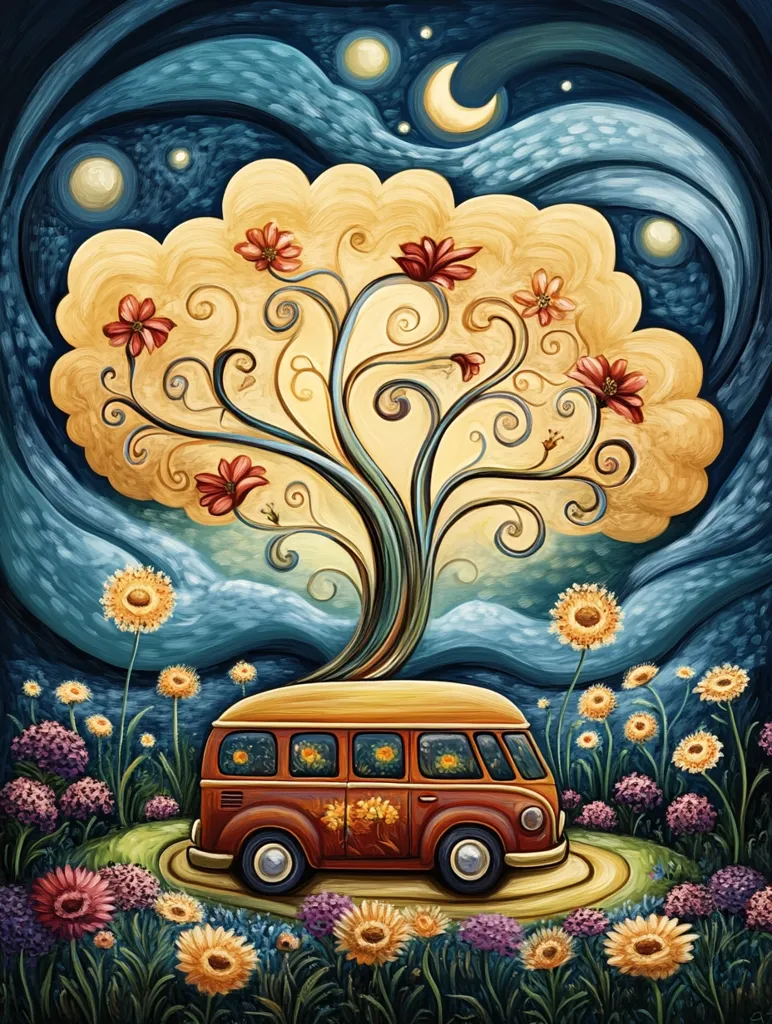 A whimsical painting depicts a vintage Volkswagen bus parked amidst a vibrant, flowering meadow under a stylized night sky.  A whimsical tree with swirling branches and red blossoms appears to emanate from the bus's roof, its yellow-toned crown resembling a cloud.  The night sky features a crescent moon and scattered stars, painted with a flowing, textured brushstroke style. The overall mood is peaceful and dreamlike, evoking a sense of freedom and adventure.