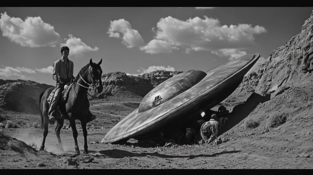 A black and white still image from a classic science fiction film. A lone cowboy on horseback observes a large, saucer-shaped spaceship partially buried in the desert sand. Several figures are seen investigating the craft from beneath it. The setting is a desolate, rocky landscape under a cloudy sky. The scene evokes a sense of mystery and otherworldly encounter in the American West.