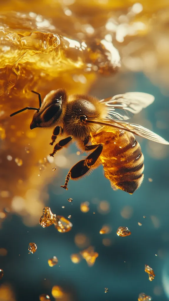 A honeybee, its body dusted with pollen, is captured mid-flight, seemingly emerging from a golden, honey-like substance.  The honey is blurred, creating a sense of motion and fluidity.  Small droplets of honey are suspended in the air around the bee, adding to the dynamic feel of the image.  The background is a soft teal, providing a striking contrast to the warm tones of the honey and bee. The overall effect is a vibrant, almost surreal portrayal of a bee collecting honey.