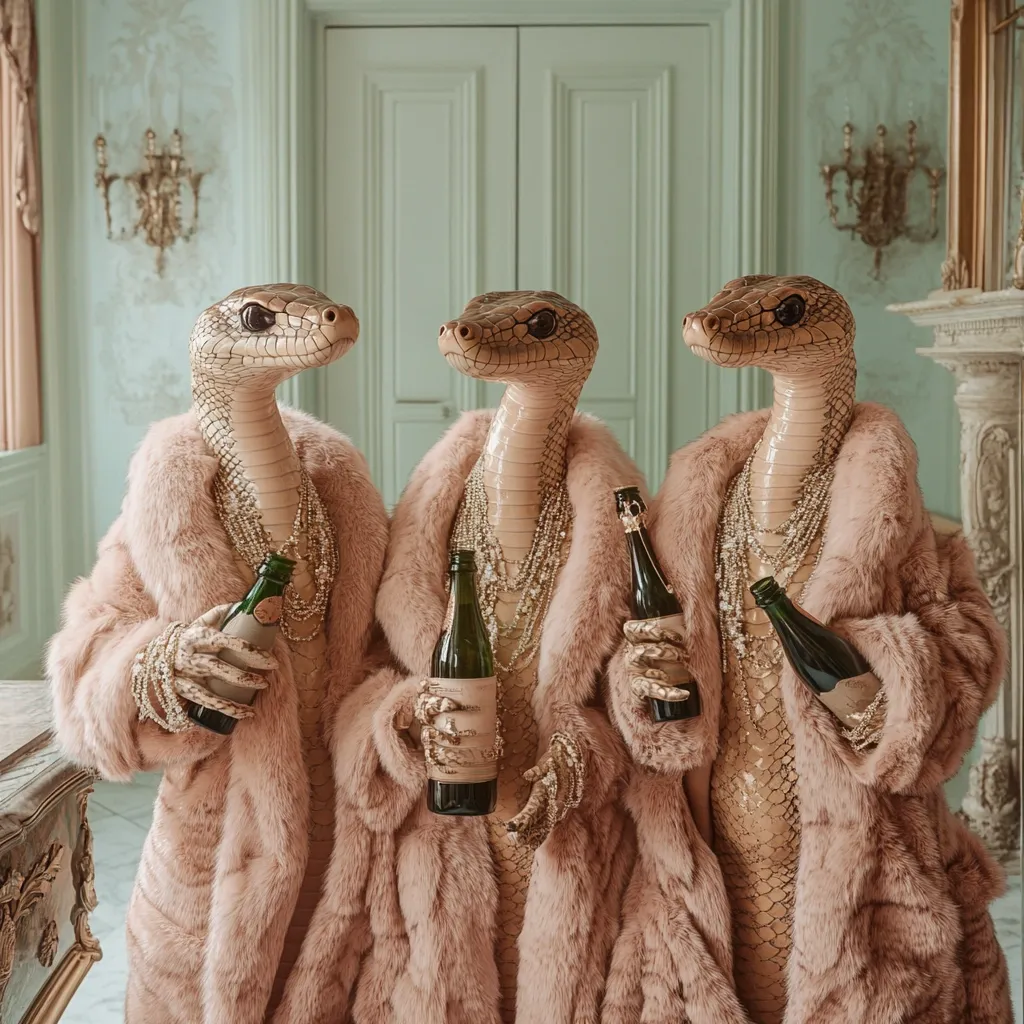 Three snakes, anthropomorphized with human-like features, are elegantly dressed in identical blush-pink fur coats and adorned with gold necklaces.  Each snake holds a bottle of champagne, their reptilian hands delicately grasping the glass.  The setting appears to be a luxurious, light-colored room with classical features, suggesting a wealthy or sophisticated environment. The overall image is striking and surreal, contrasting the unexpected combination of snakes and high fashion.