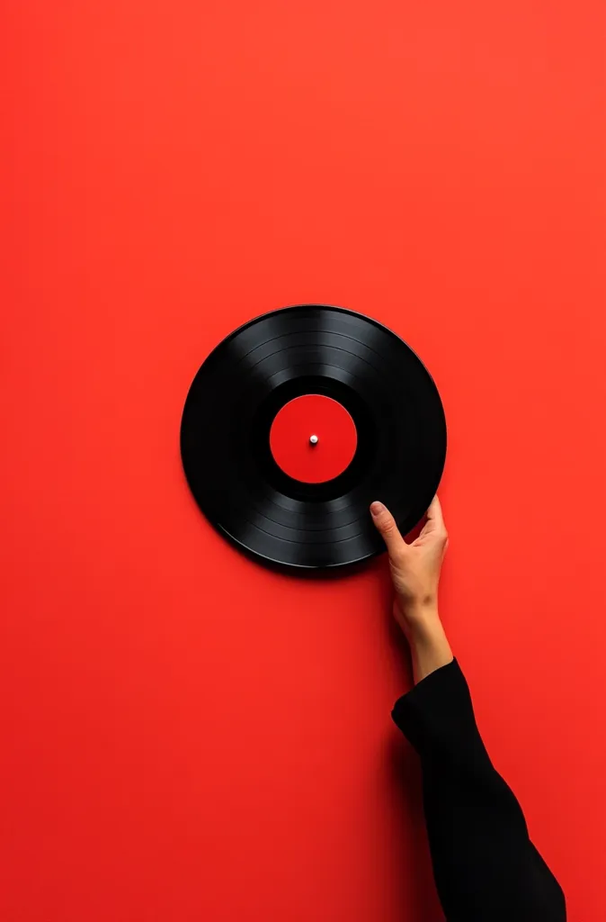 Here's a description of the image:

A hand in a black long sleeve reaches out to hold a black vinyl record against a vibrant red background.  The record's label is a contrasting red circle. The composition is simple and bold, creating a visually striking image with strong color contrast. The minimalist aesthetic emphasizes the record and the hand's interaction with it.  The red background provides a lively backdrop that accentuates the black of the vinyl.